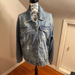 Distressed Tricot Denim Jacket Women's Size Large Button Up